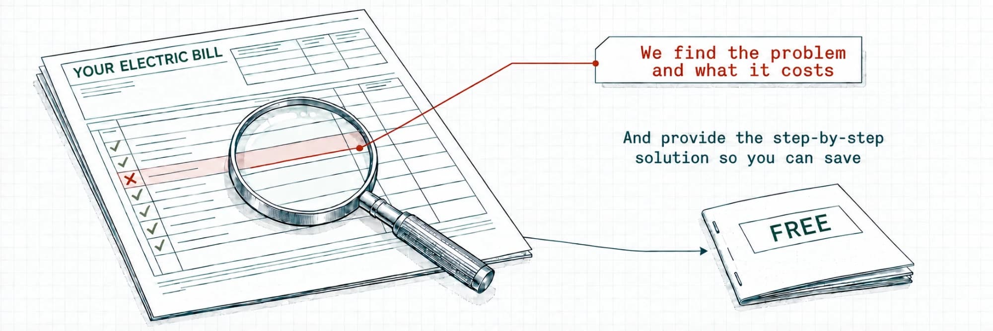 A page headed YOUR ELECTRIC BILL, checked line by line under a magnifier. Most lines carry a check; one is marked with a red cross and highlighted as the problem and what it costs, and an arrow leads to a free step-by-step guide for capturing the saving.