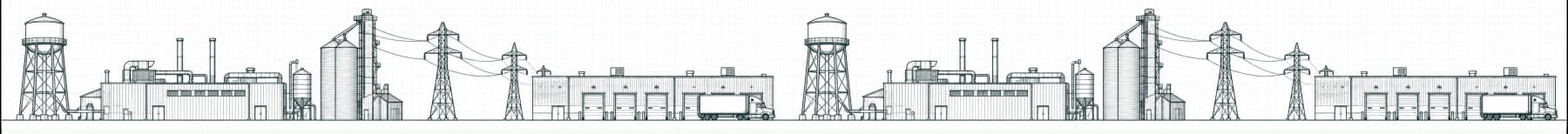 Repeatable Indiana manufacturing horizon with blank water tower, sawtooth factory, grain leg, transmission lines and loading dock. Sponsored variant fills only the blank nameplate in sage.