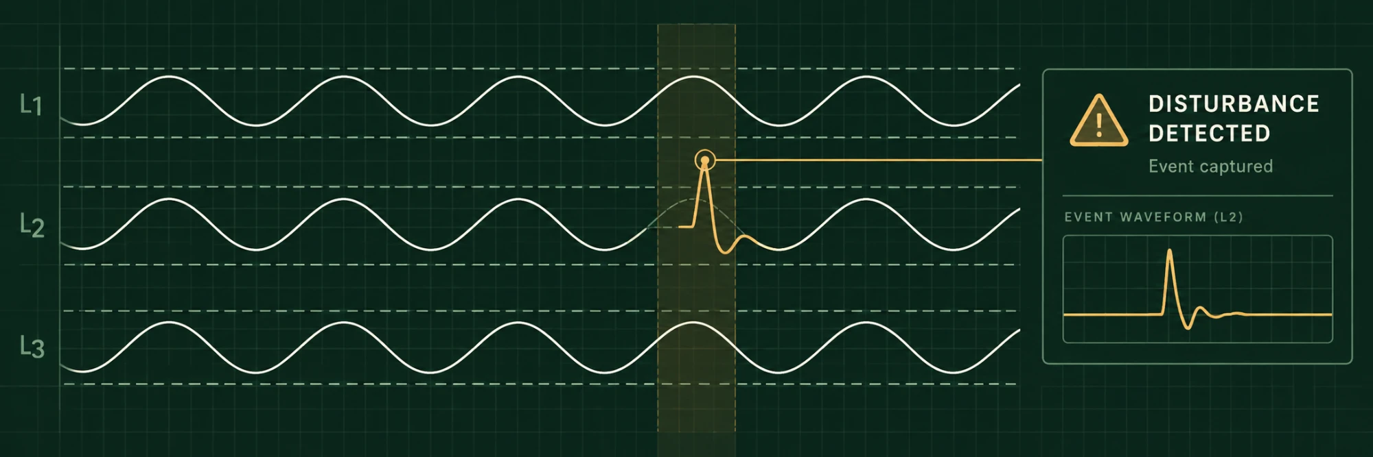 Three legs of incoming power, L1, L2 and L3, running inside their tolerance bands. A disturbance on L2 is caught and highlighted, and a panel beside it reads DISTURBANCE DETECTED, event captured, with the event waveform drawn out.