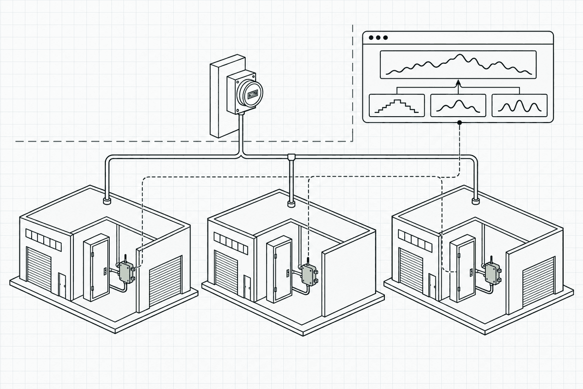 Three monitored buildings feed panel readings into one aggregate software profile corresponding to the utility meter, across a marked ownership boundary.