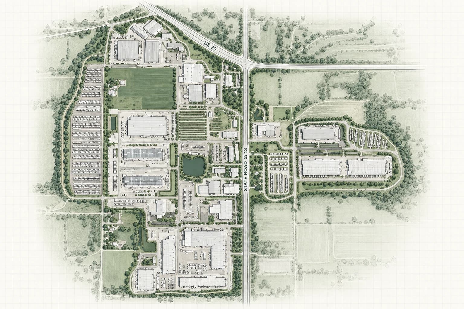 An illustrated aerial view of an Indiana industrial campus: plants, yards, parking and ponds either side of a state road, with a highway across the top. Generic rather than a geographic map of any one site.