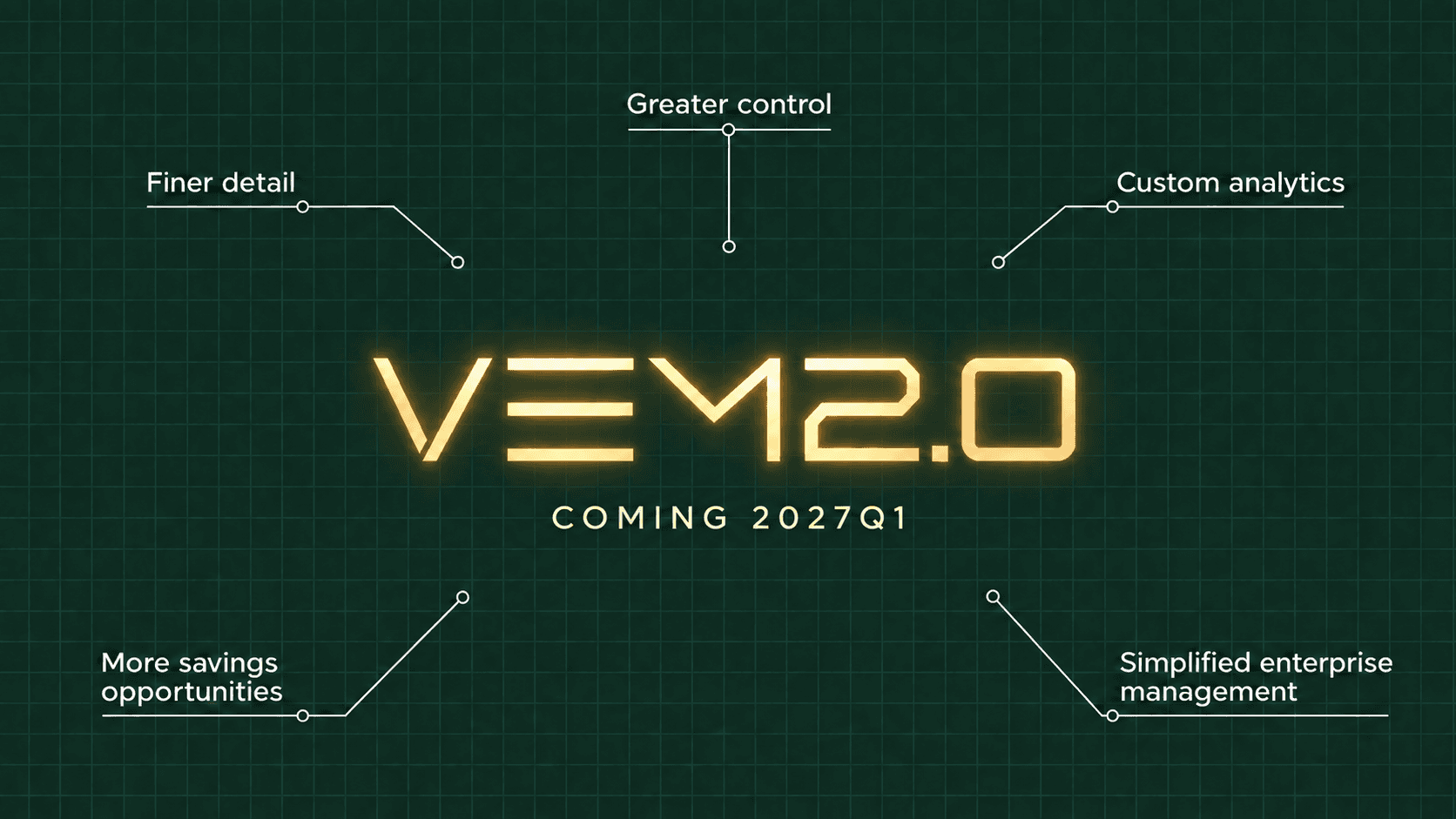 VEM2.0 coming 2027Q1: Finer detail, Greater control, Custom analytics, More savings opportunities, Simplified enterprise management.